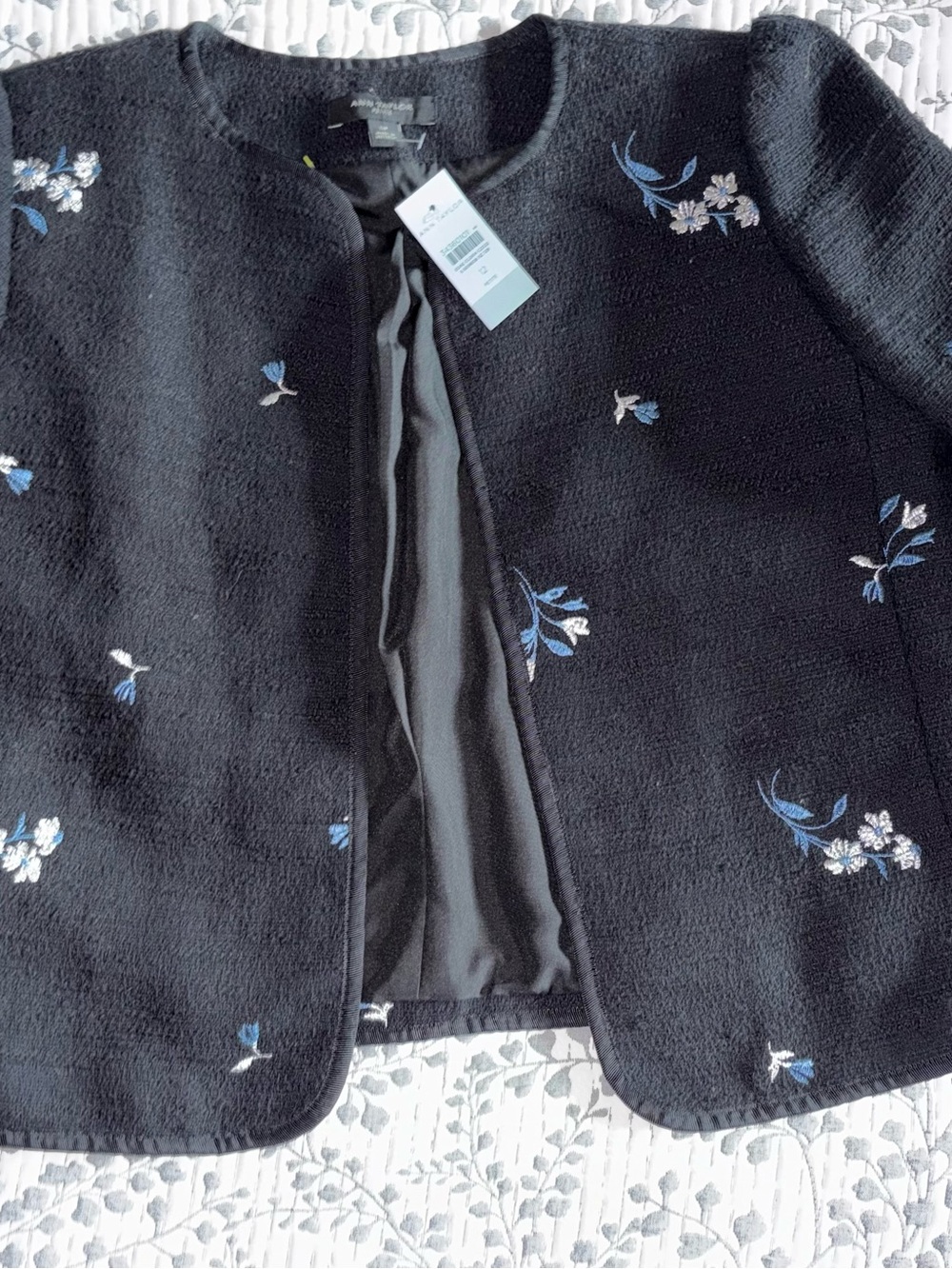 Ann Taylor Black Embroidered Open-Front Jacket with Blue & White Floral Accents